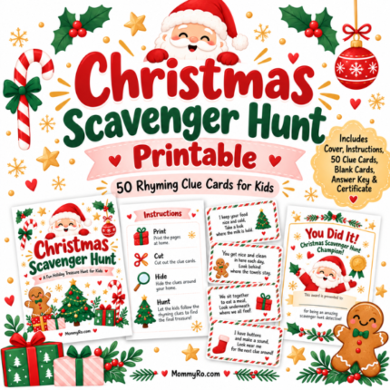 Christmas scavenger hunt printable for kids featuring 50 rhyming treasure hunt clue cards with cute Santa, Christmas trees, gifts, and festive illustrations.
