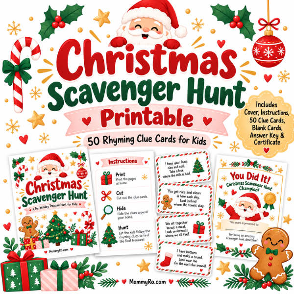 Christmas scavenger hunt printable for kids featuring 50 rhyming treasure hunt clue cards with cute Santa, Christmas trees, gifts, and festive illustrations.
